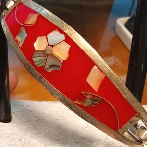 Taxco Red Alpaca Stone Inlay Tension Bracelet 6.5-6.75"